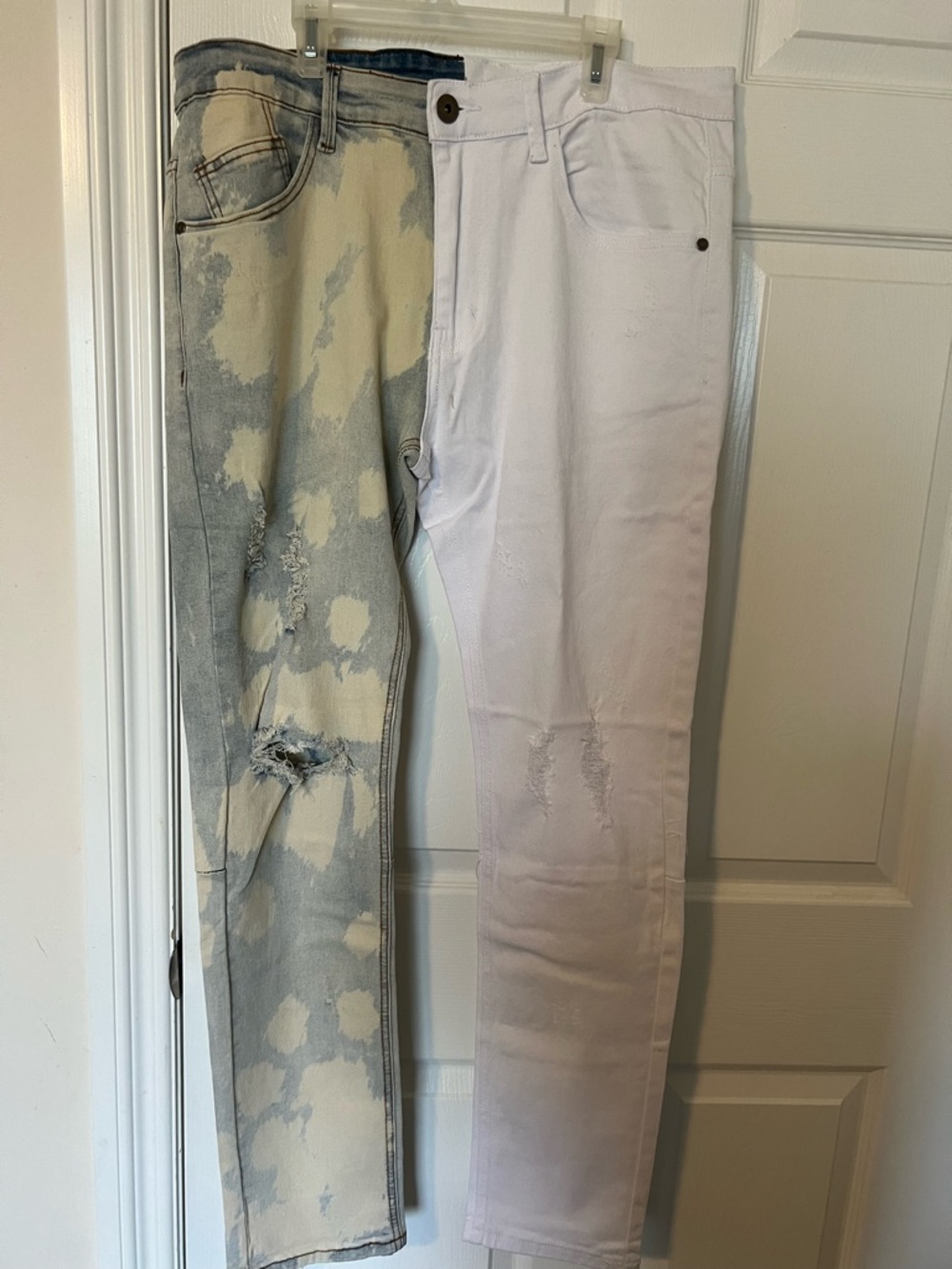 Men's Straight Jeans in Bleached Denim and White - Distressed Detail